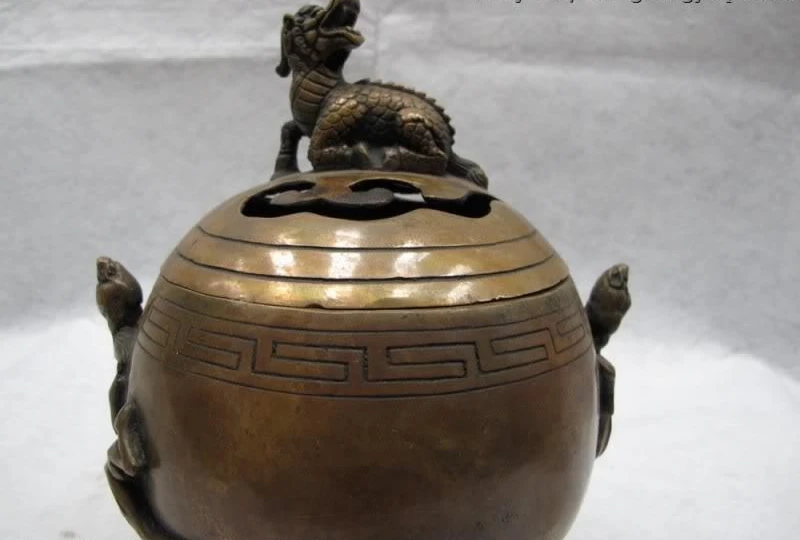 

9 Chinese Folk Copper Bronze Buddhism Dragon beast Foo Dog Censer incense burner