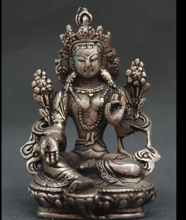 

6711033+++Tibet Buddhism Silver Green Tara Mahayana Buddhism Enlightenment Goddess Statue