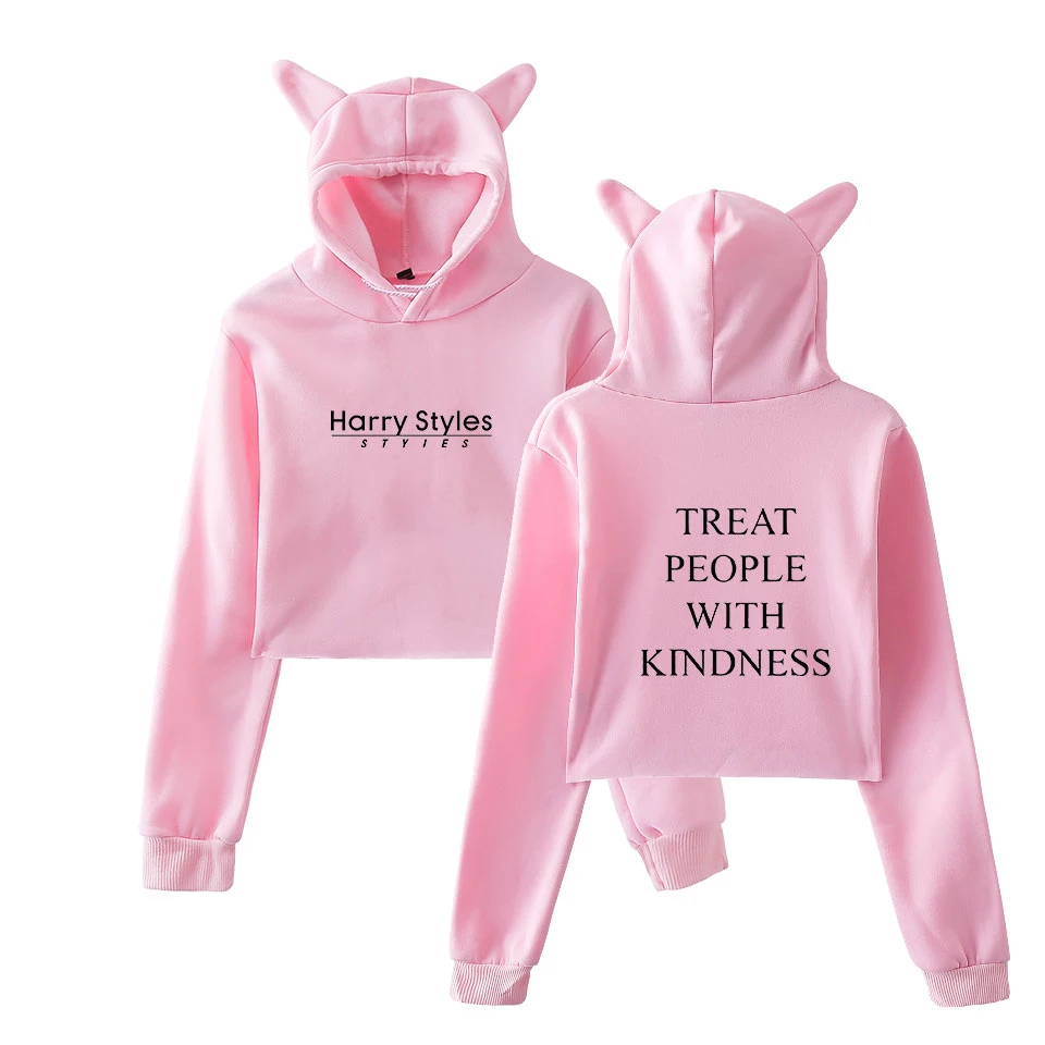  LUCKYFRIDAYF Harry Styles Treat People With Kindness Printed Cat Ear Hoodies Women Fashion Long Sle