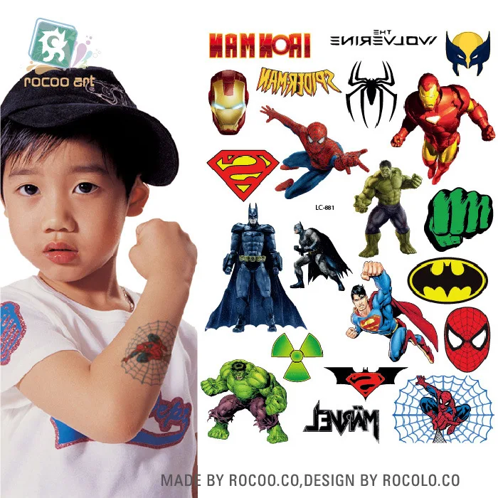 

Waterproof Temporary Tattoo Sticker cartoon super men spiderman ironman tatto stickers flash tatoo fake tattoos for kids child 7