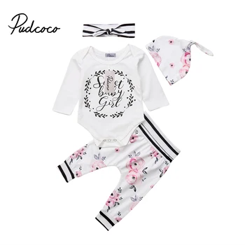 

Cute Newborn Baby Girl Long Sleeve Letter Jumpsuit + Floral Print High Waist Pants Striped Headband Striped Headband 4 Piece Set