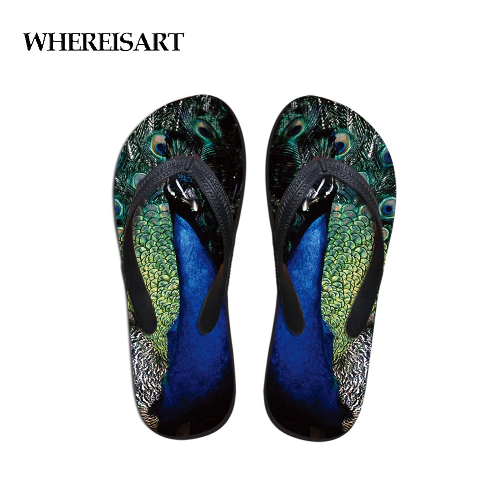 

WHEREISART Women's Casual Home Flip Flops Slippers Summer Cute Animal Brand 3D Peacock Feather Printing Fashion Beach Flats