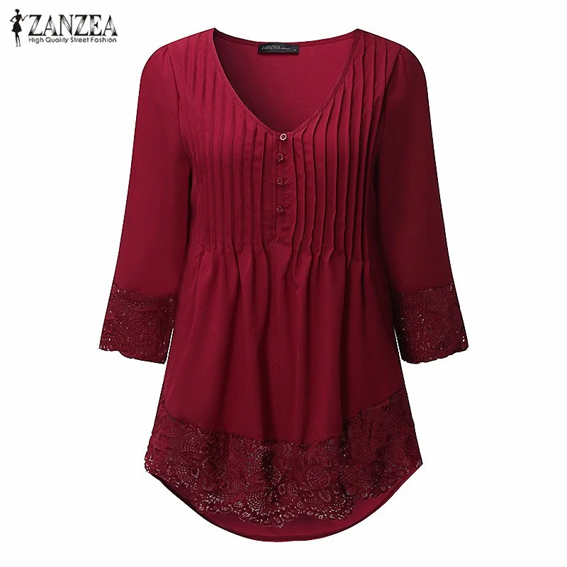 ZANZEA Women 2016 Autumn Elegant Lace Blouses Shirts Sexy V Neck Casual 3/4 Sleeve Asymmetrical Solid Blusas Tops Oversized - 32776379765