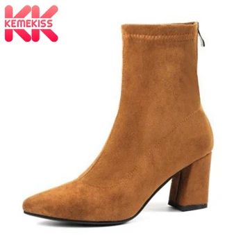 

KemeKiss Women High Heel Boots Zipper Elastic Ankle Boots Women Shoes Winter Fashion Fur Keep Warm Stretch Boots Size 32-44