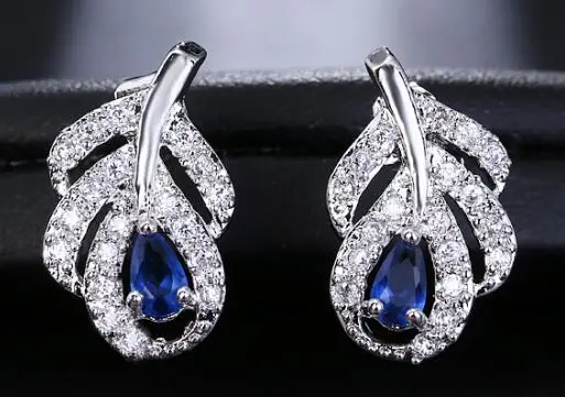 EMMAYA Модные женские серьги-гвоздики в форме листа с кристаллами из металла и серебра с цирконием, серьги-гвоздики, ювелирные изделия, подарок - Окраска металла: blue