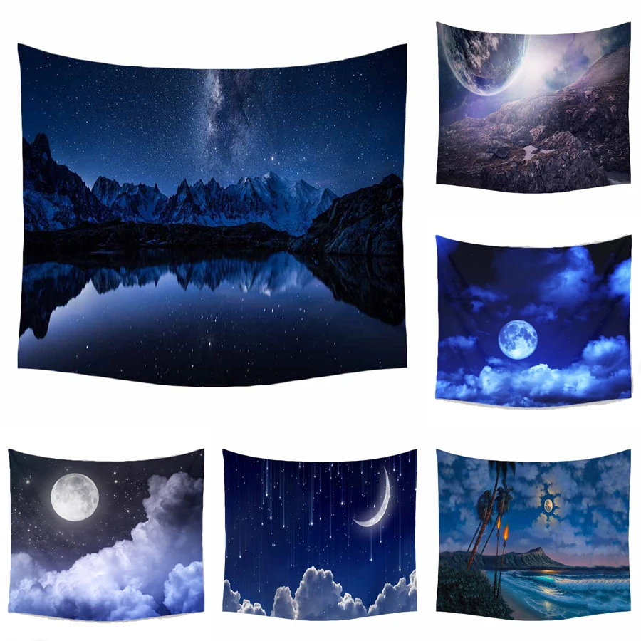 

decorUhome 1 pc 100% Polyster sky Star Moon Tapestry Night Lake Reflection Sea Earth rock pattern hang wall painting decor