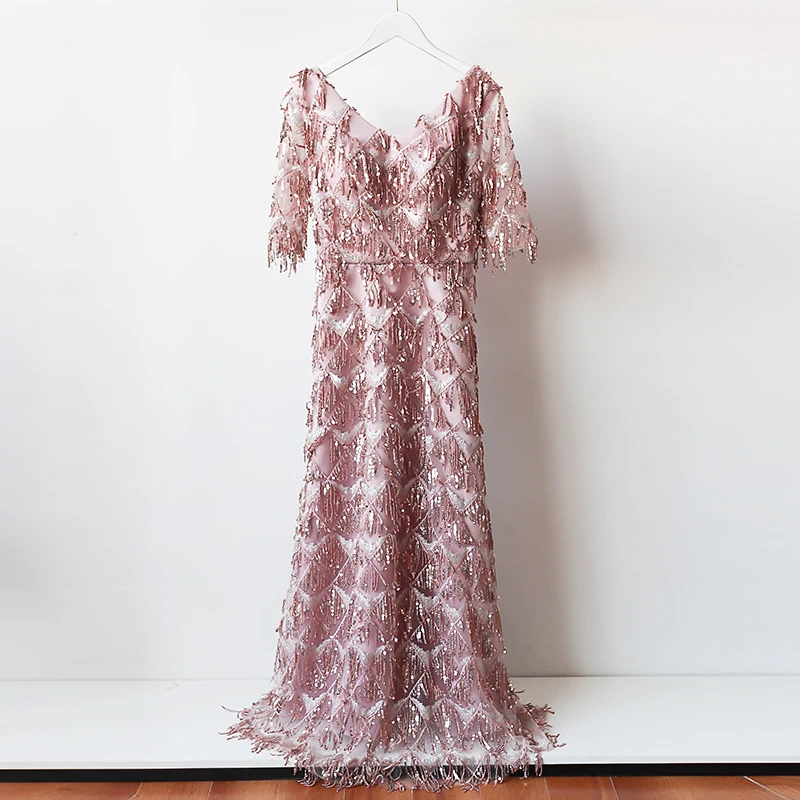 

Sexy V-neck Sequin Long Dress Red Bean Pink Colour Bridesmaid Dress Wedding Dress Back of Zipper