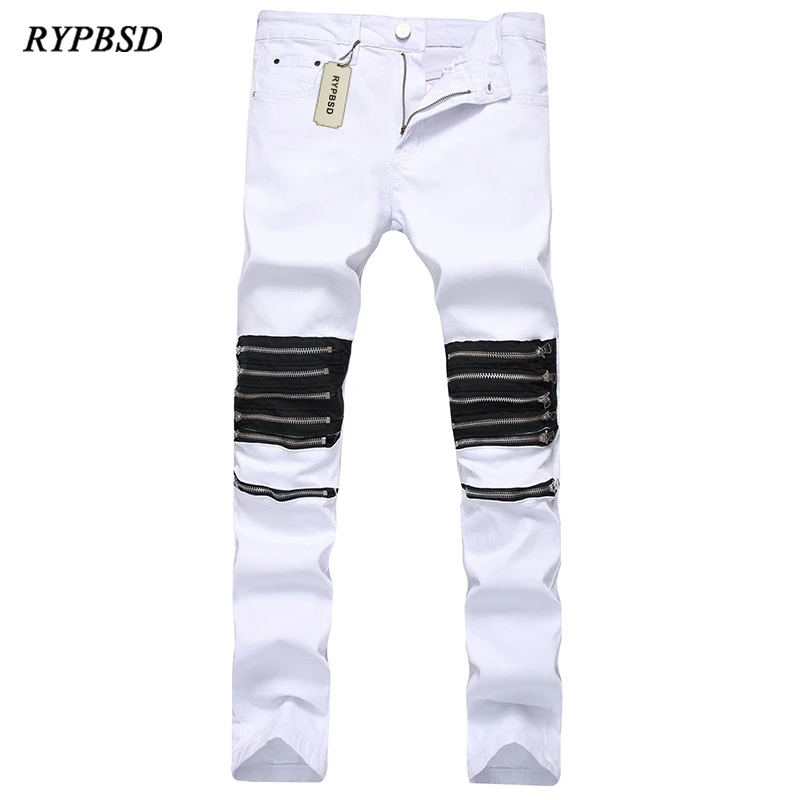 

2019 Hip Hop Men Jeans Knee Zipper Hole Punk Biker Jeans Men Skinny Elastic White Red Casual Denim Pants Men Plus Size 29-40