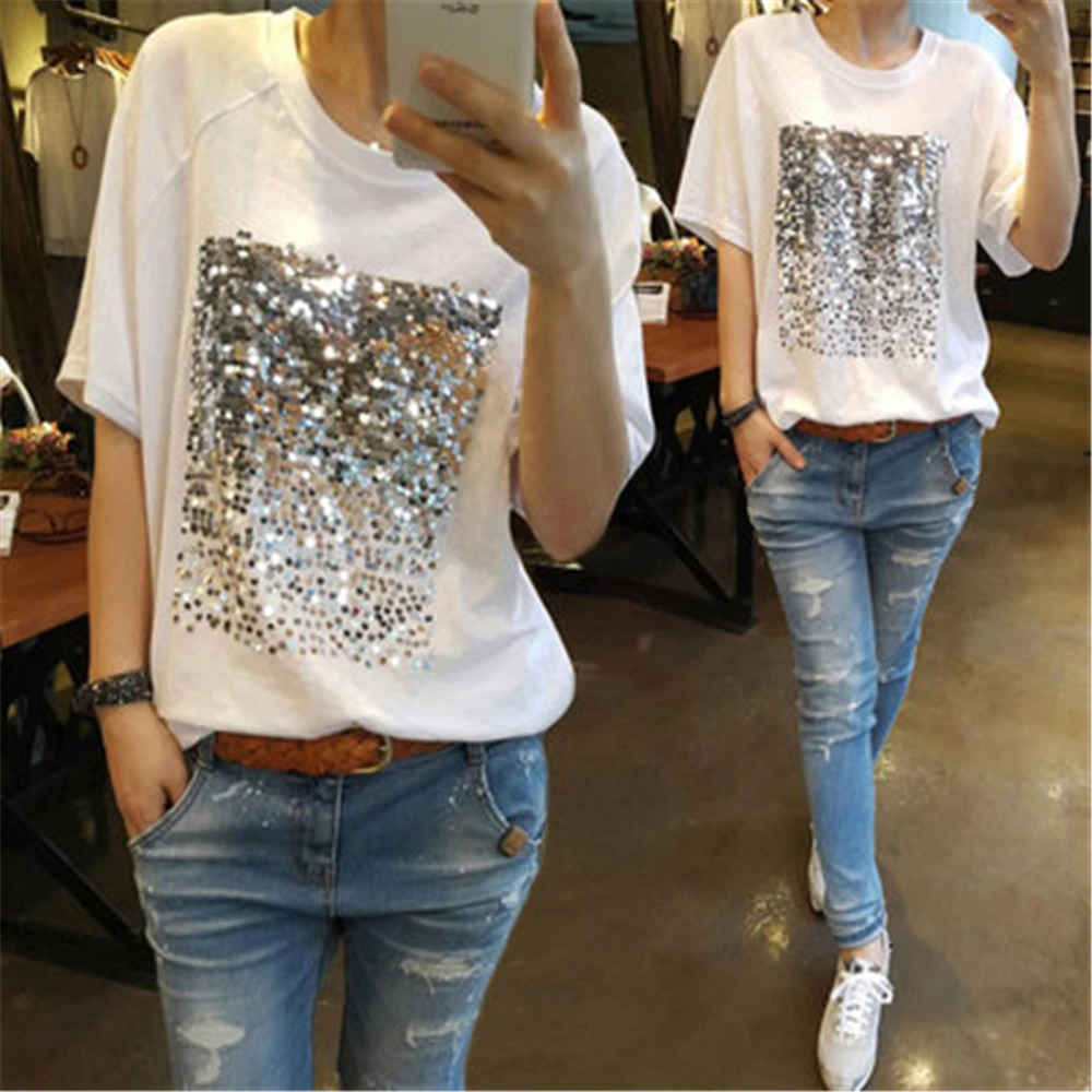 

Summer Women T-shirt Korean Loose Short Sleeve Cotton Tshirt Large Size Cotton Woman Clothes 2019 Fashion Sequin White T-shirt