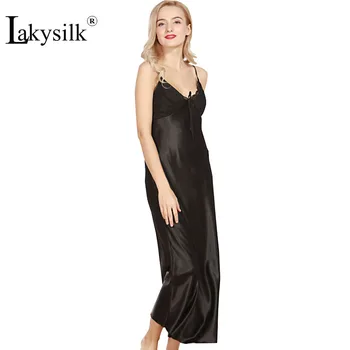 

[Lakysilk]Sexy Women Sleeveless Nightgown Racerback Loose Plain Maxi Dresses Casual Long Dresses V-Neck Solid Silk Sleepwear