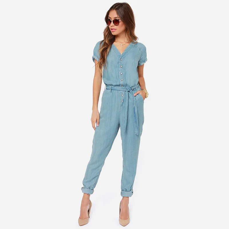 

Leisure V-tie Leisure Pants with Shoulder Inserts Short Sleeves Tight Waist and Body-building Pants 2019 Sashes Pants Women