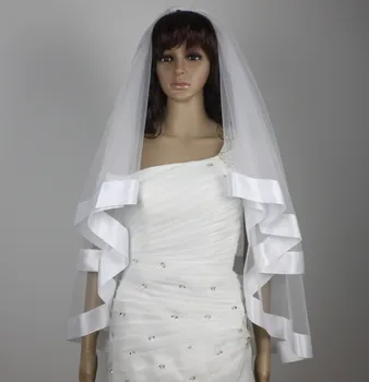 

2-layer wide ribbon veil bride wedding vails fingertip length ivory/white veils &comb short veil 60x90cm
