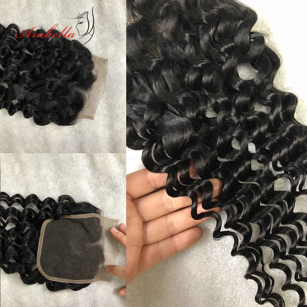 Бразильские глубокие волны 4*4 закрытие шнурка натуральный черный человеческие волосы Средний/свободный/три части Arabella remy волосы закрытие шнурка