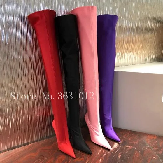 

2019 Fashion Women Boots Slim Elastic Fabric Sock Botas Colorful Silk over Knee High Stretch Long Boots Point Toe High Heel Shoe