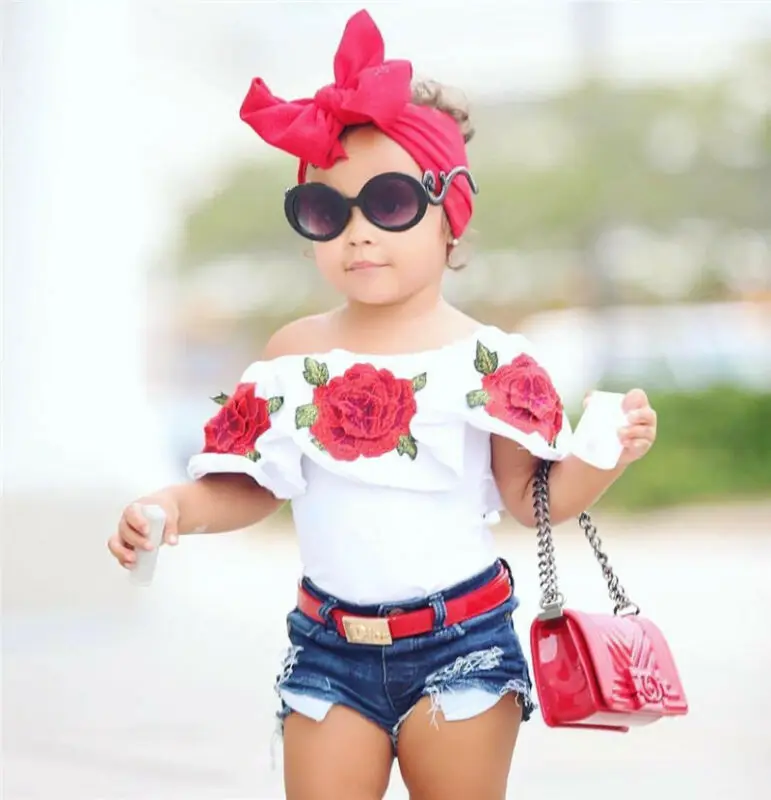 2019 New Fashion Baby Girls Rose off lshoulder white T-shirt 3D Flower Tops +Denim hole shorts Toddler Kids Outfits Clothes |
