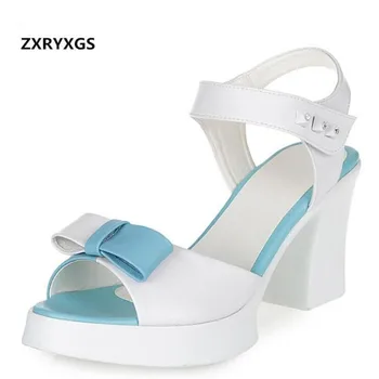 

Hot 2019 Summer New Spell Color Cowhide Leather Women Sandals Comfortable Fish Head Women Shoes Breathable Fashion Shoes Sandals