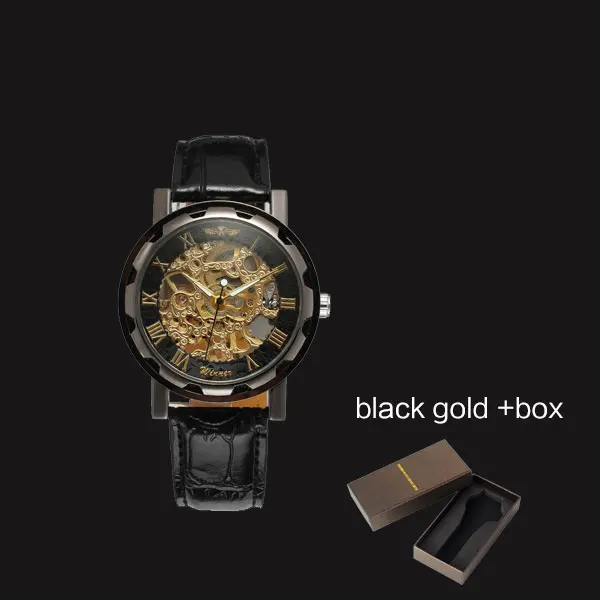 Новинка, Лидер продаж, механические Брендовые мужские часы-Скелетон с ручным заводом, Мужские модельные модные часы, стильные часы черного, золотого, синего цвета, кожаный ремешок - Цвет: black gold box