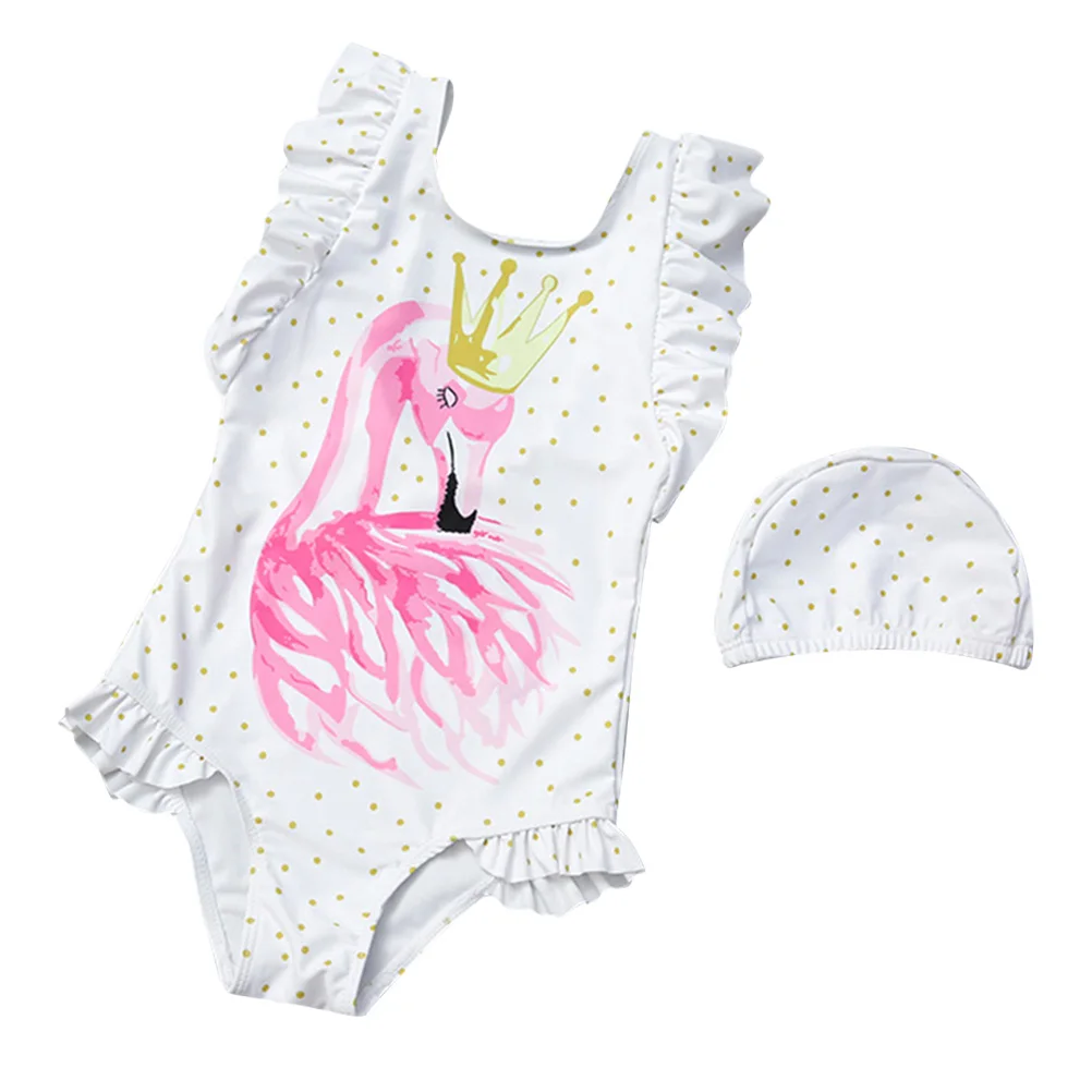 

Adorable Swan Print Swimwear Bikinis Ruffles One-piece Bathing Costume Swimsuits with Swimming Hat for Baby Girls