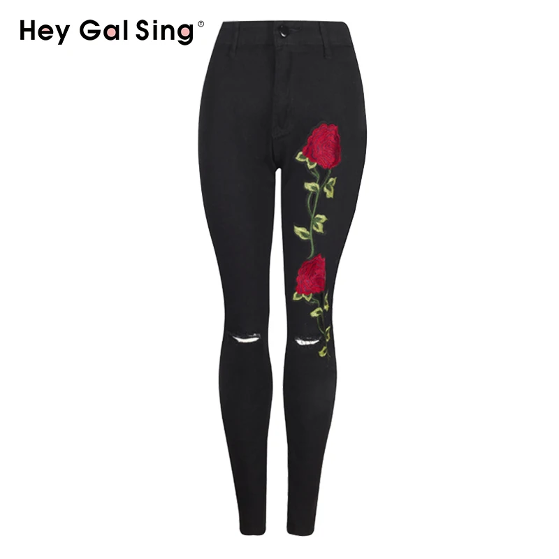 HeyGalSing Embroidery Knee Ripped Jeans Woman Black High