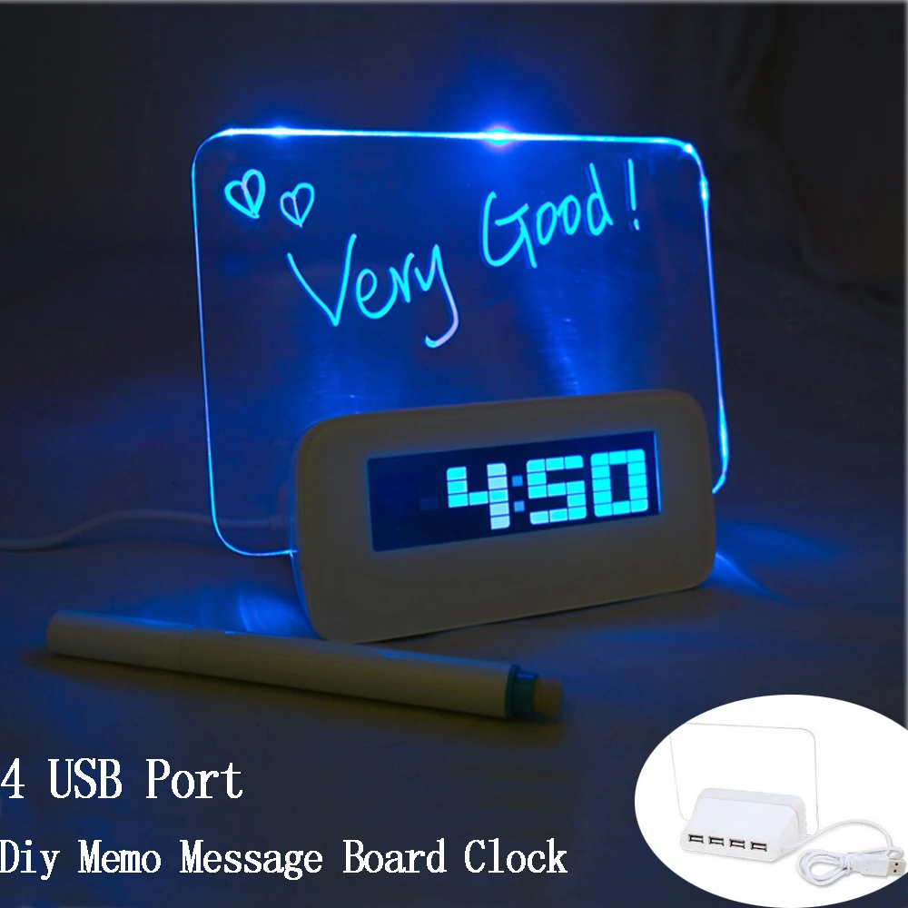 Scribble Writing Alarm Clock Calendar 4 Port USB Hub Memo Message Board Pen LED 