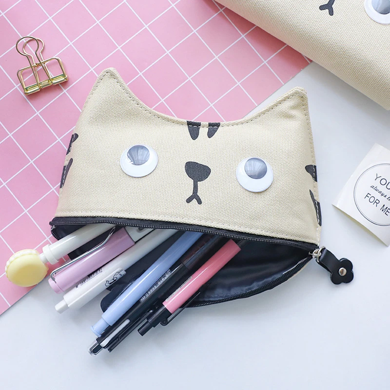 4 Warna Campur Kanvas Trapesium Terbalik Kepala Kucing Pensil Pena