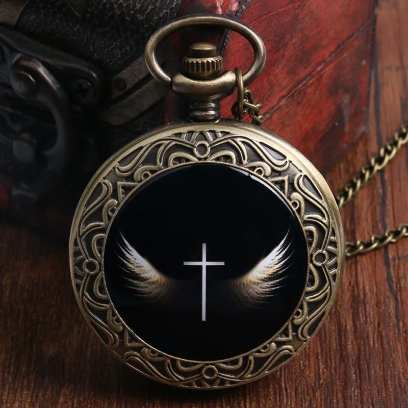 Античный Прохладный крест с крыльями Дизайн Бронзовый карманные часы Черный Брелок часы с цепочки и ожерелья цепи