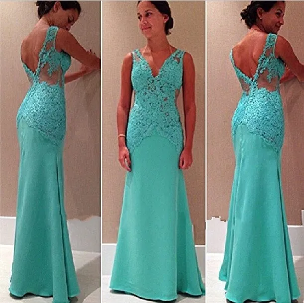 

2019 New Fashion Sexy Sleeveless V Neck Lace Appliques Mint Green Prom Dresses Long Fast Shipping Evening Dresses HU0010