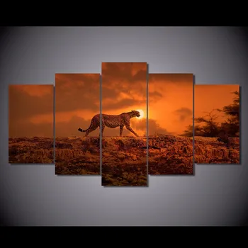 

5 Pcs/Set Framed HD Printed Sunset Sky Animal Leopard Picture Wall Art Canvas Print Room Decor Poster Canvas Modern Oil Painting