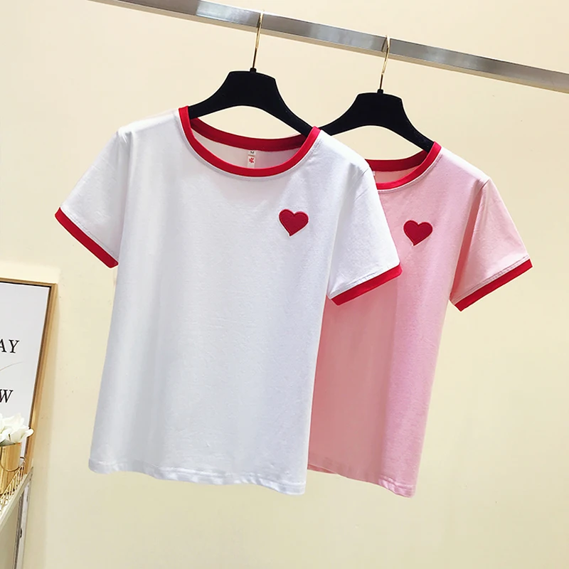 

Summer Short Sleeve T-shirt Female 2019 New Harajuku Heart Shaped Embroidered T-shirt Girl Wind Cute Love Pink T-shirt #9033
