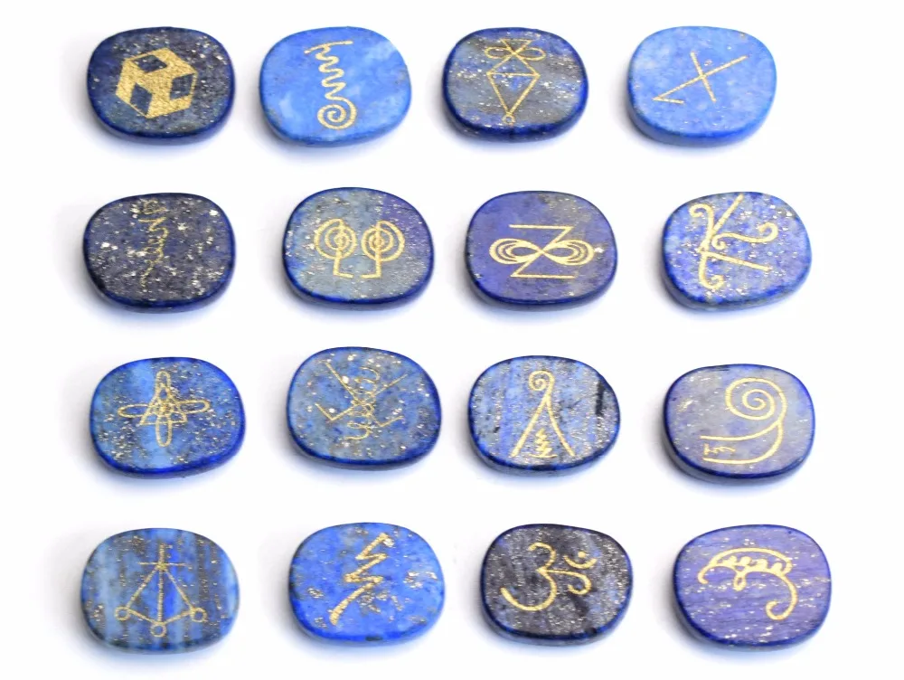 

16 PIECES Natural Chakra Lapis Lazuli Engraved Crystal Reiki KARUNA Magic Symbols Healing Palm Stones Set with a Free Pouch