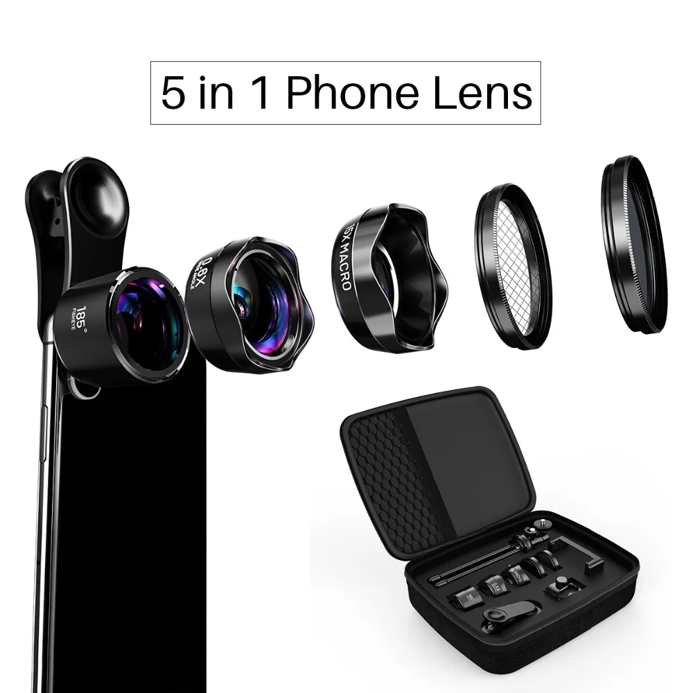 

LQ-185 PRO Series 5 in 1 Kit Mobile Cell Phone Lens 0.6x Wide Angle+15x Macro+Fisheye Lens for iPhone X/8/7/7 Xiaomi OPPO