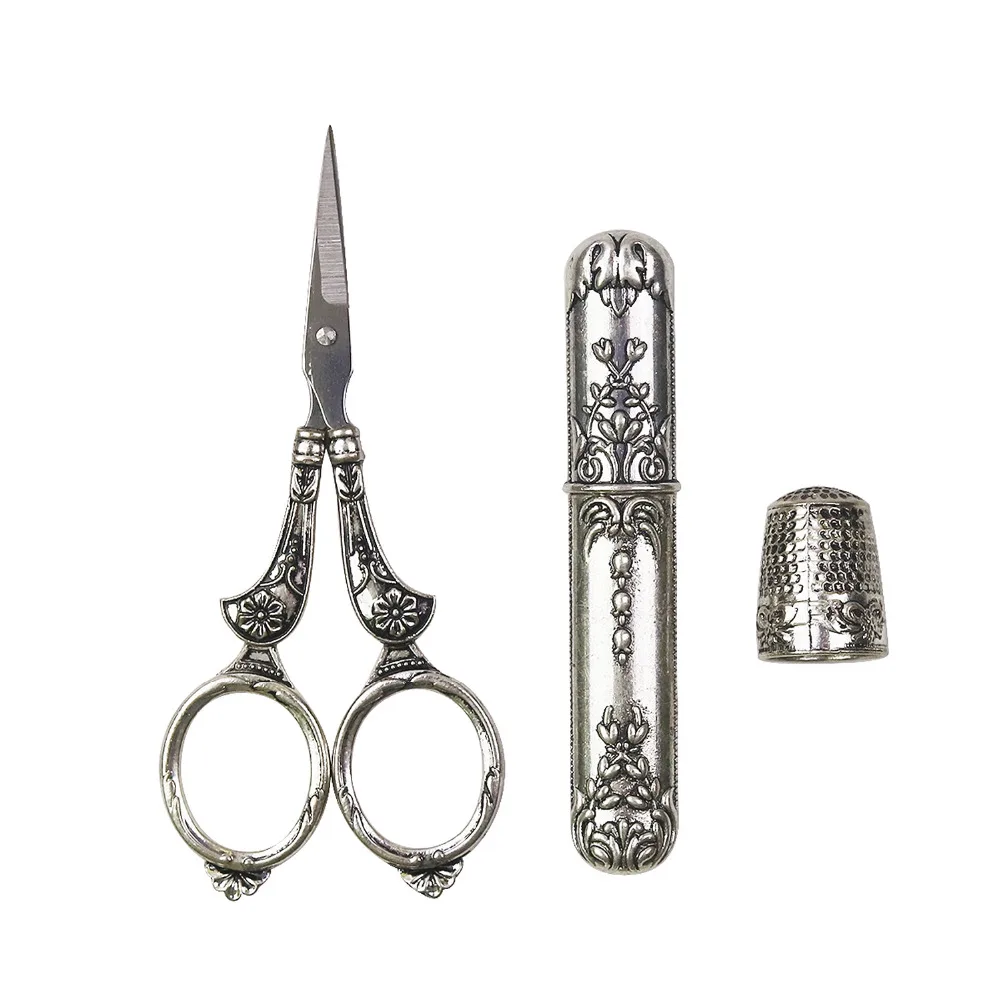 

European Vintage Sewing Kit Stainless Steel Scissors / Metal Thimble/ Needle Case DIY Sewing Tools for Embroidery Cross Stitch