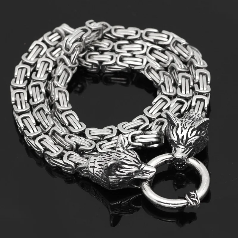 Мужское ожерелье из нержавеющей стали с головой волка и подвеской в виде воина викинга - Окраска металла: chain