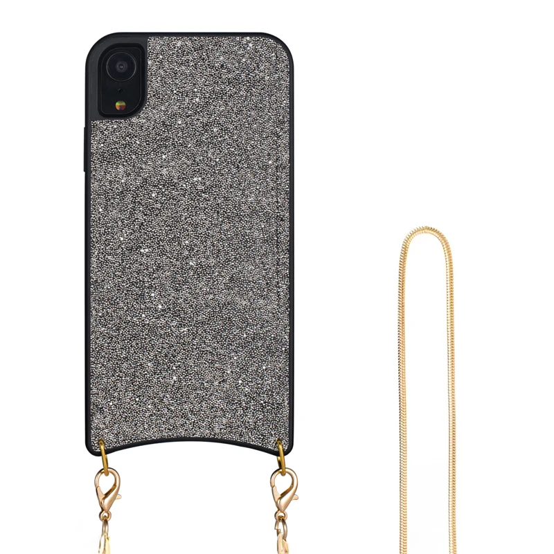 

Silicon Bling Glitter Crystal Sequins Soft TPU Cover Hanging Neck Rope Diamond Phone Case for iPhone XR