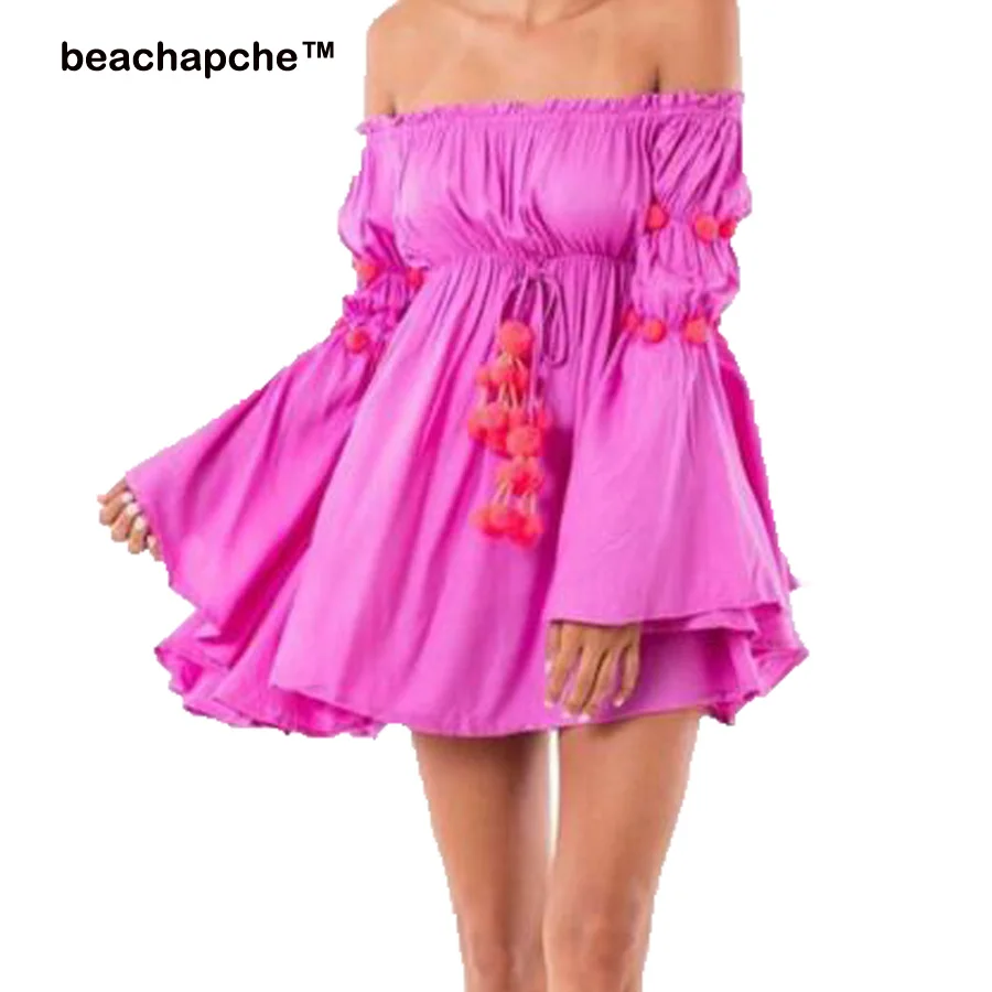 

2018 Summer Dress Women Off Shoulder long Flare Sleeve Solid Mini Party Dresses Ruffles Sexy Beach Dress Tunic Robe Femme