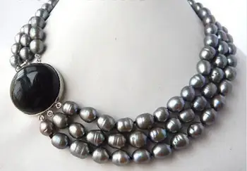 

3row 18" 9-10mm Gray black Rice Freshwater Pearl Necklace