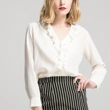 Женские рубашки из натурального шелка с v-образным вырезом, топ, шелк тутового цвета, бант, длинный рукав, блузка с оборками, M L XL