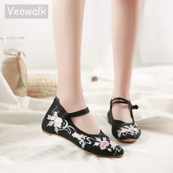 

Veowalk Butterfly Embroidered Women Cotton Fabric Ballet Flats Pointed Toe Comfortable Soft Canvas Walking Shoes for Ladies