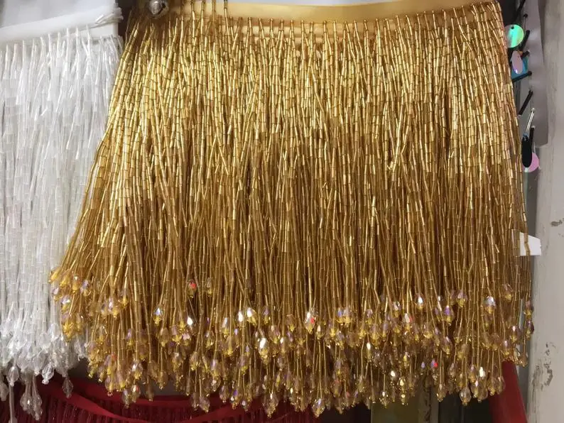 

gold heavy bead fringe tassel trim for dance costume, haute couture dress trimming beading fringe gold silver blue