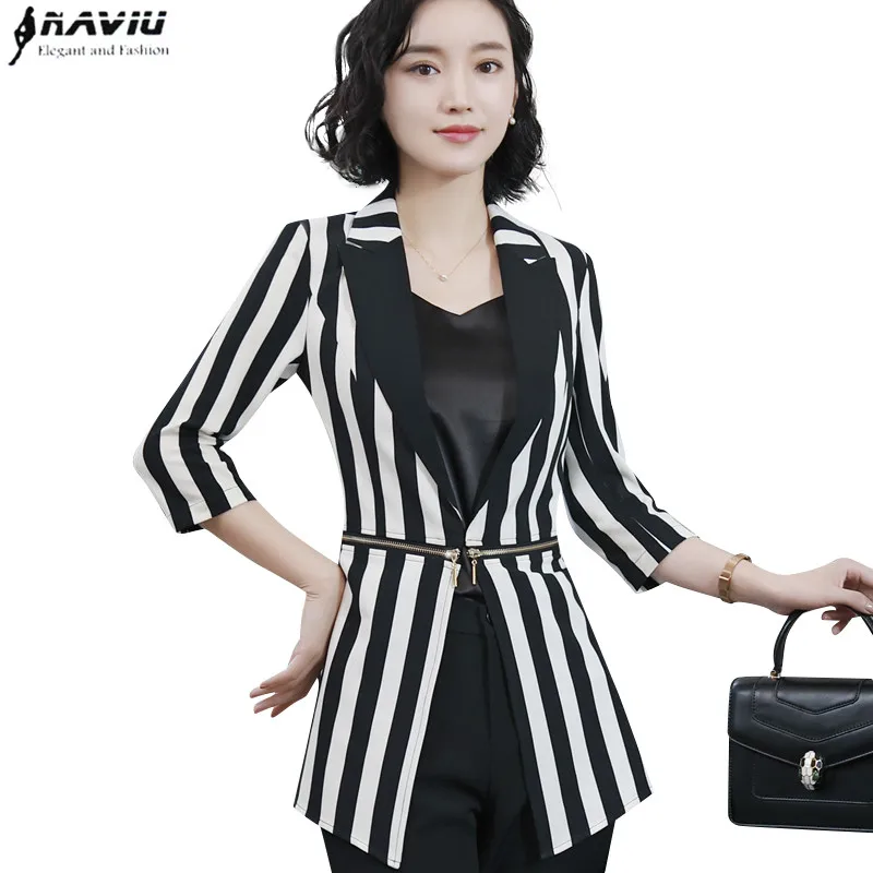 

Fashion stripe half sleeve women blazer OL New elegant plus size formal slim jackets office ladies work wear uniform black white