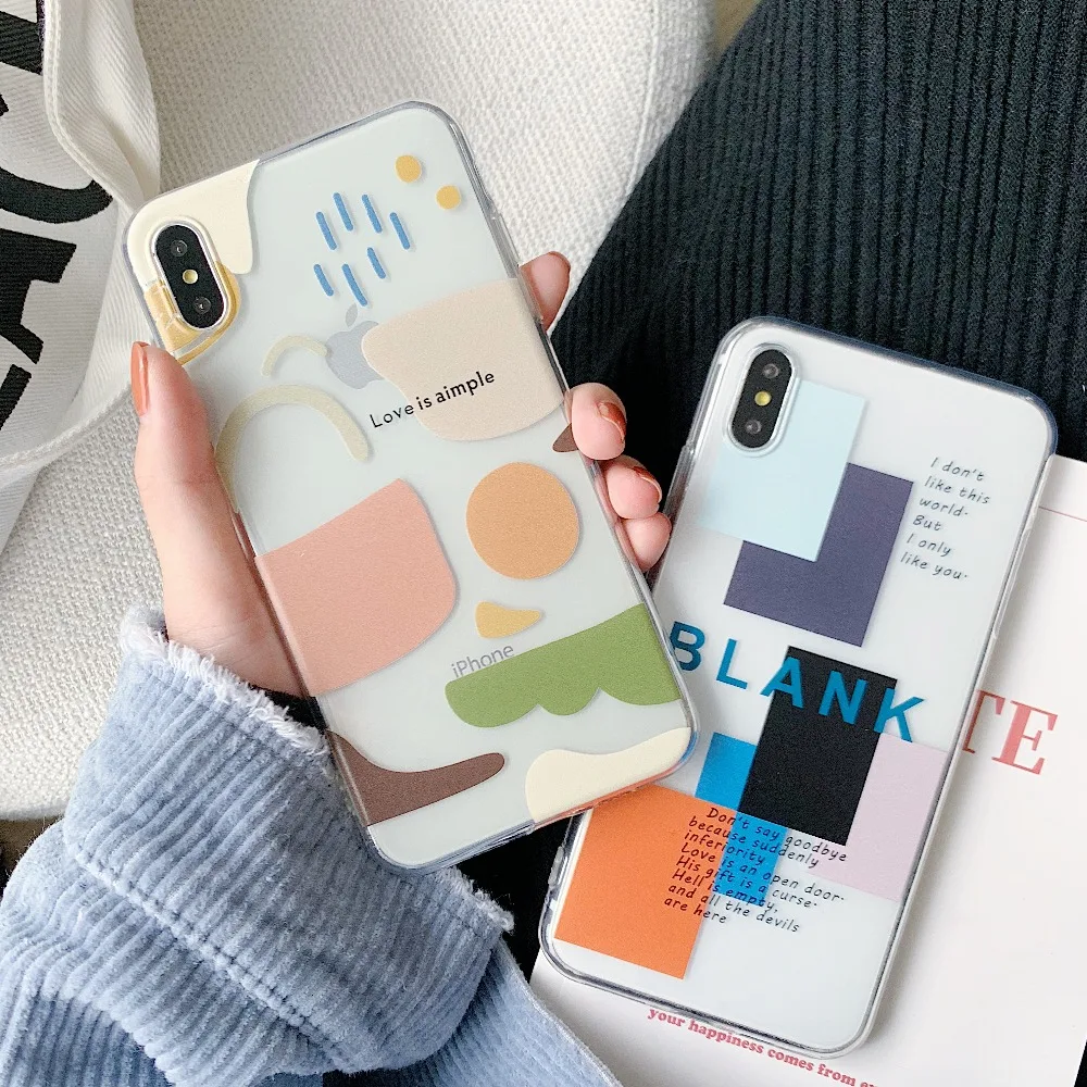 

Fashion Cute Contrast Colorful Doodle Soft TPU Label Transparent Phone Case For iPhone X XR XS Max 8 7 6 6S Plus Cover Fundas
