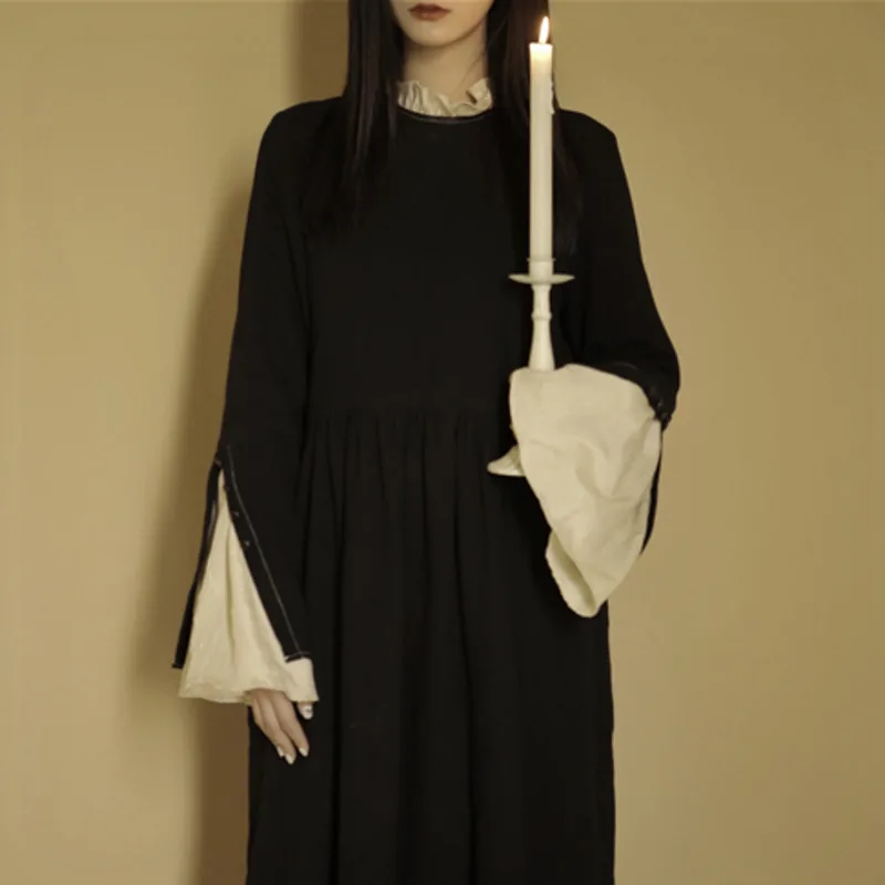 

LANMREM 2020 Spring New Casual Fashion Women Loose Plus Dark Wind Wooden Ear Stitching Trumpet Sleeve Dress TC763