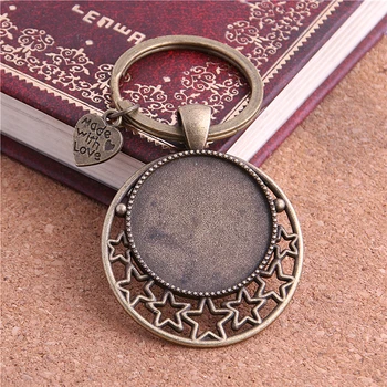 

PULCHRITUDE 5pcs/lot Metal Keychain Round Cabochon Setting DIY Vintage Handmade Key Chains for Jewelry Making Y1001