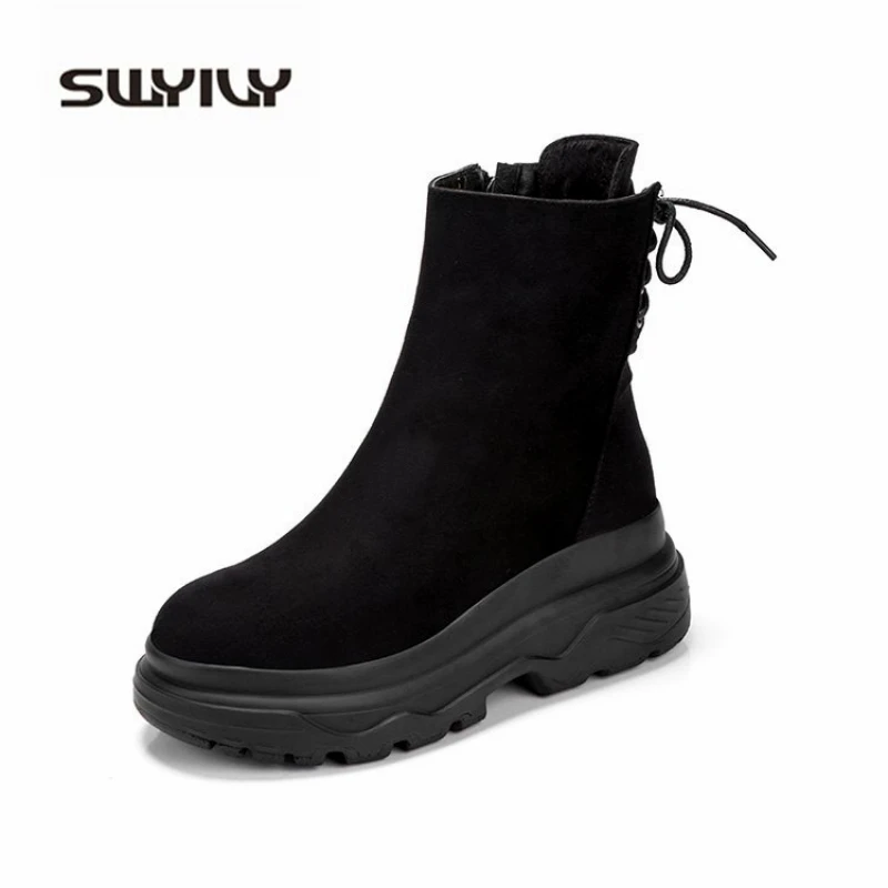 

SWYIVY Ankle Boots Women 2019 Winter Black Boots Woman Casual Shoes Plush Platform Snow Boots Women Martin Shoes Female Sneakers