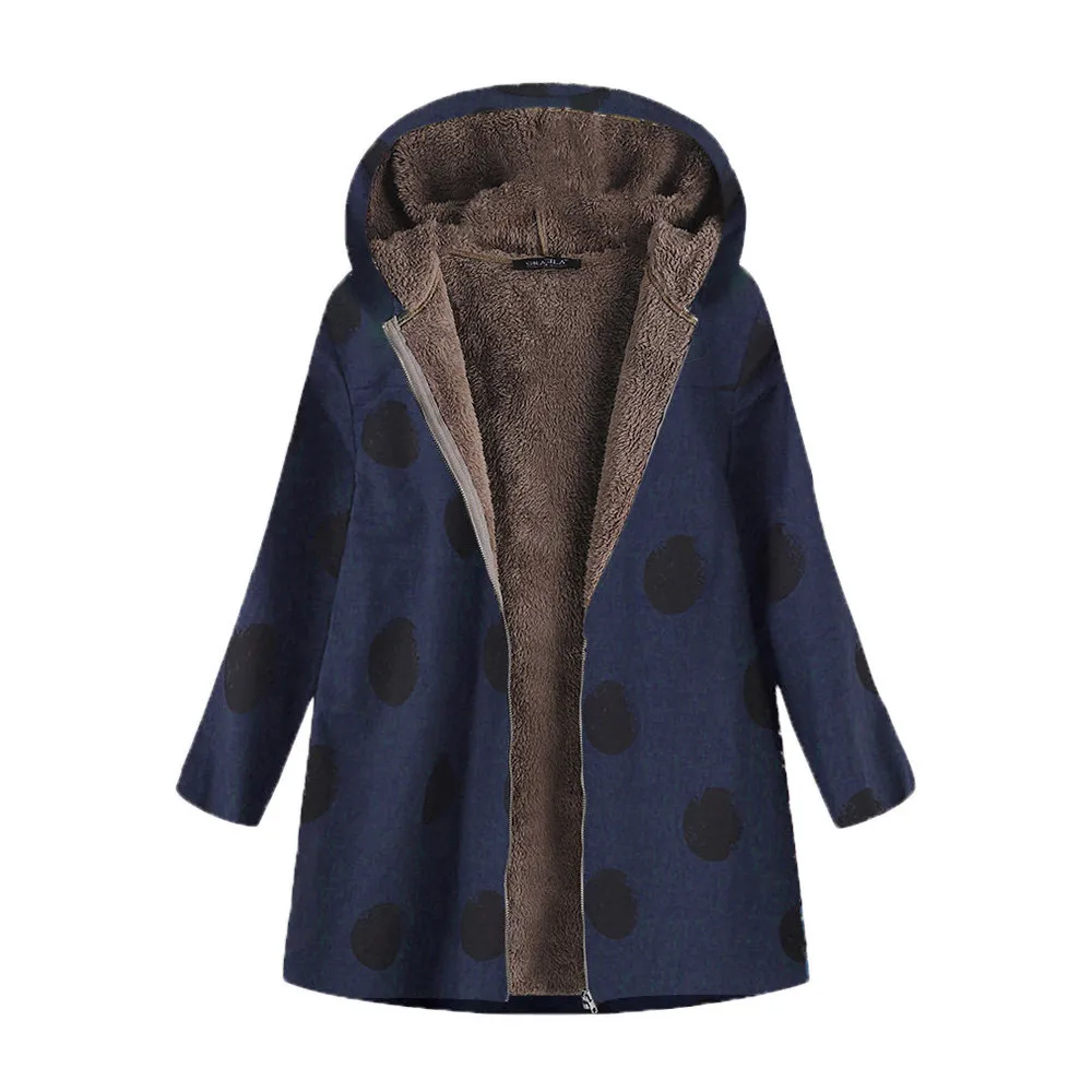 Женская куртка, плюс размер, плюшевое пальто, Pokla, в горошек, теплая верхняя одежда, с капюшоном, с карманами, в винтажном стиле, более размера, пальто, Winterjas Dames, зимнее женское пальто