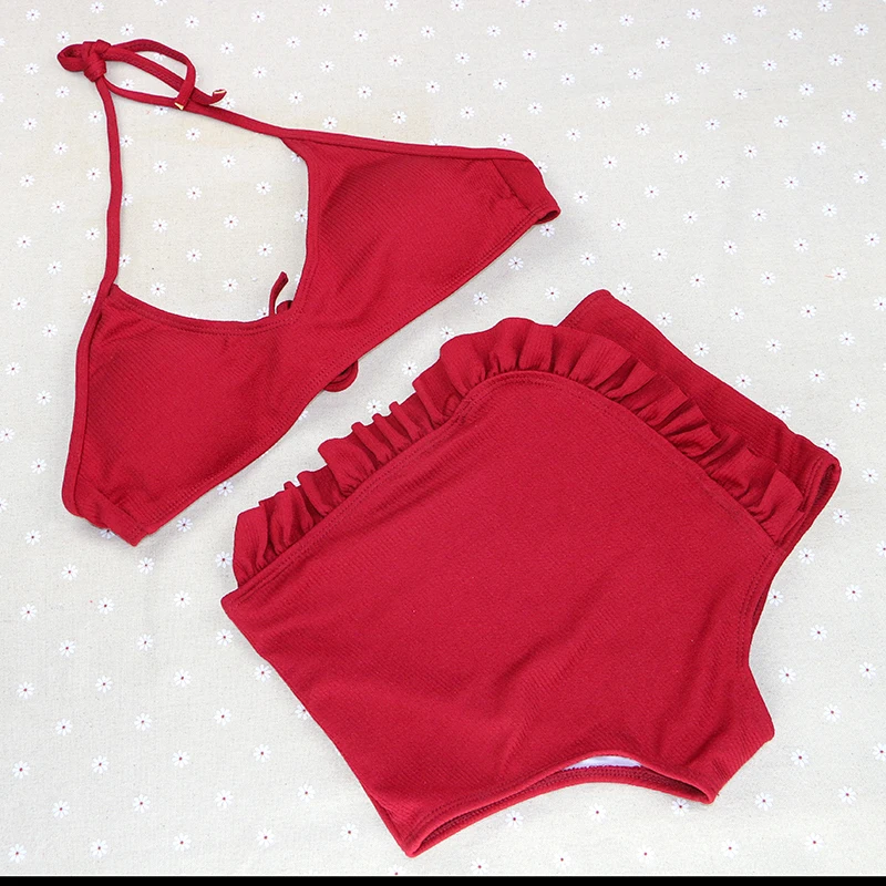 

sexy vintage brand high waist on sale solid red halter print floral girl women bikinis set wire free women swimwear swimsuit