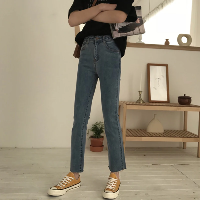 Джинсы женские элегантные с высокой талией ретро до щиколотки женские блестящие джинсы корейский стиль Универсальные простые молнии модные повседневные