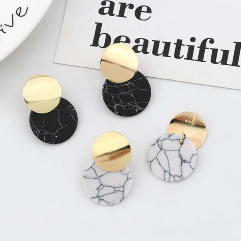 

2019 fashion round geometric marble white natural stone resin earrings female holiday gift