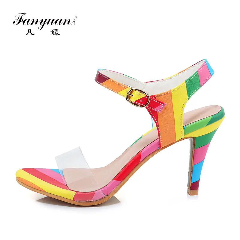 

Fanyuan Fashion Mixed Colors Ankle Strap Sandals Summer Buckle Strap Shoes Sexy Peep Toe Thin high Heels Women Shoes