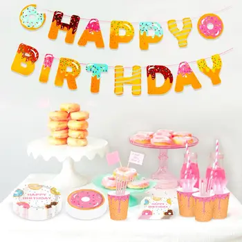 

HUIRA 45Pcs Donut Theme Birthday Banner Paper Cup Napkin Plates Happy Birthday Party Decorations Kids Baby Shower Decorations